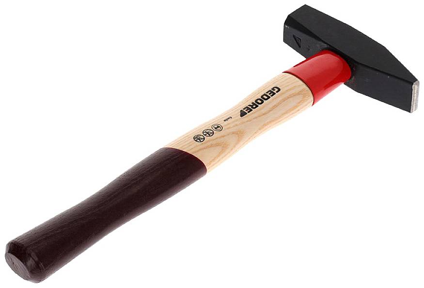 A craftsman's hammer with a wooden handle and black metal head. The handle is painted red and brown.