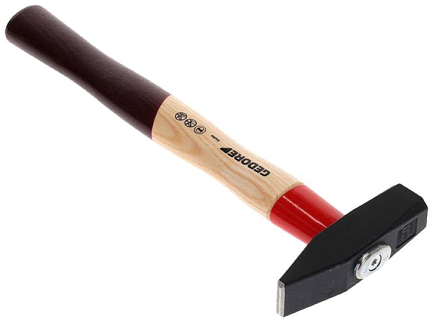 A carpenter's hammer with a wooden handle and metal head lies on a light background. The handle is partially painted red.