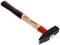 A carpenter's hammer with a wooden handle and metal head lies on a light background. The handle is partially painted red.
