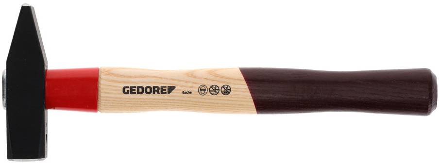 A carpenter's hammer with a red head and wooden handle. The 'GEDORE' brand is printed on the handle. Suitable for carpentry work.