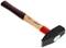 A hammer with a wooden handle and a black, flat metal surface.