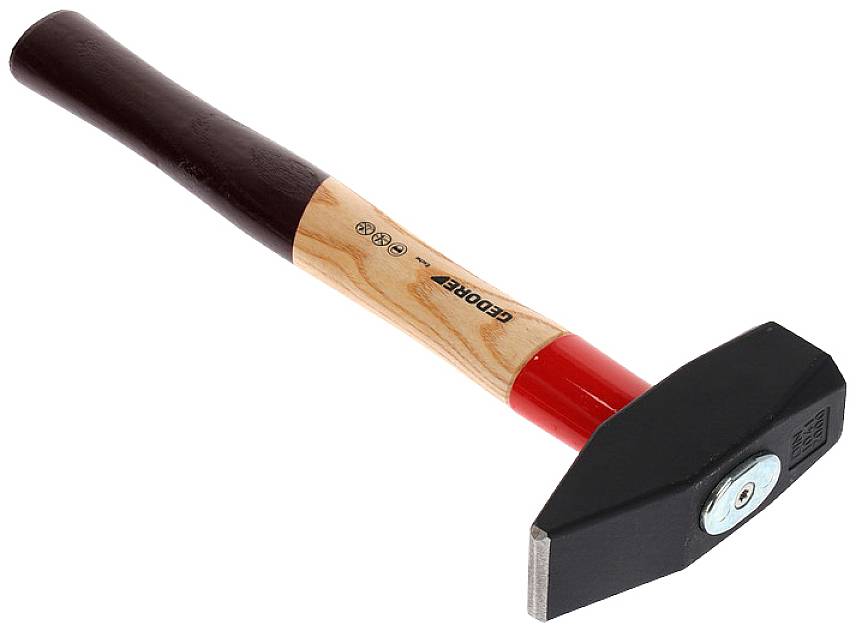 Hammer with a wooden handle and black head, suitable for construction work or home projects.<br><br>Corrected British English translation:<br>Hammer with a wooden handle and black head, suitable for building work or DIY projects.