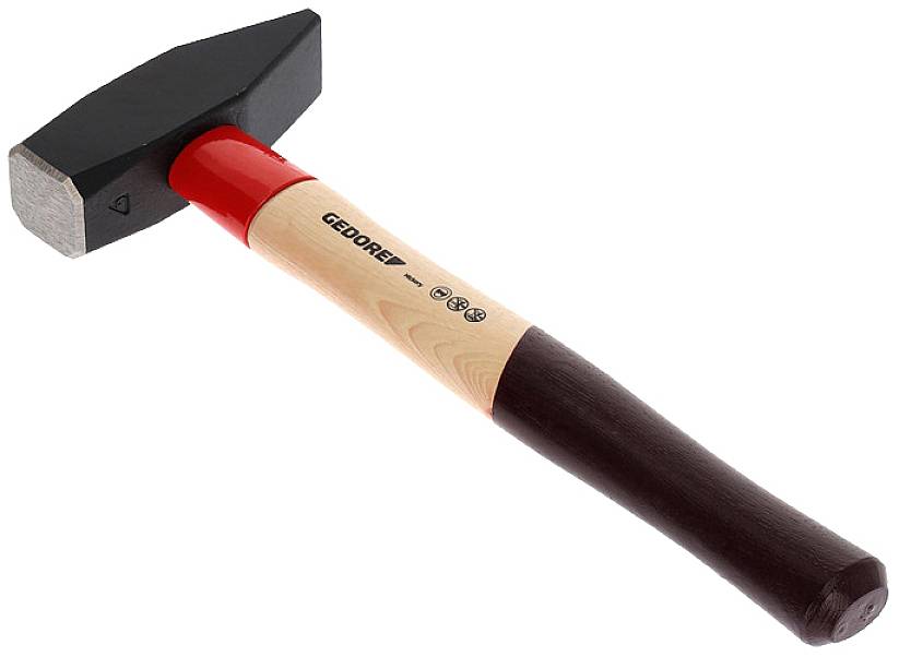 A hammer with a red and dark brown wooden handle. The metal head is black. 'GEDORE' is printed on the handle.