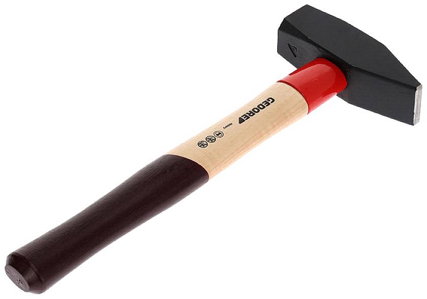 A black hammer with a red and brown wooden handle, positioned horizontally.