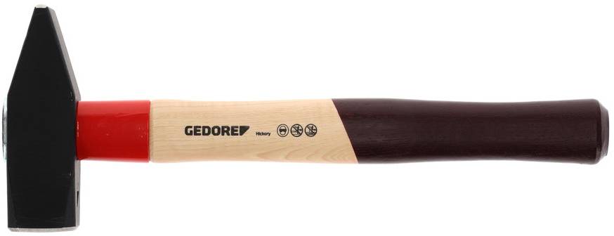 A hammer with a wooden handle and a black and red head. The inscription 'GEDORE' is visible on the handle.