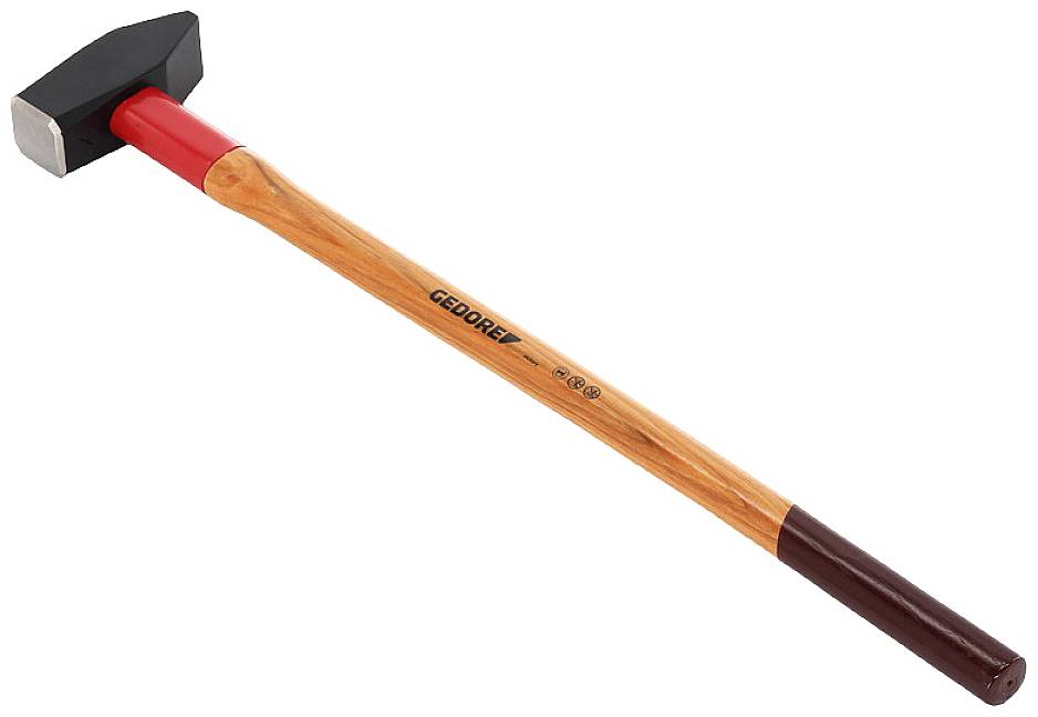 A sledgehammer with a red steel head and wooden handle. The handle is marked with 'GEDORE'.