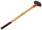 A sledgehammer with a long wooden handle and a black hammer head. The end of the handle is painted red.