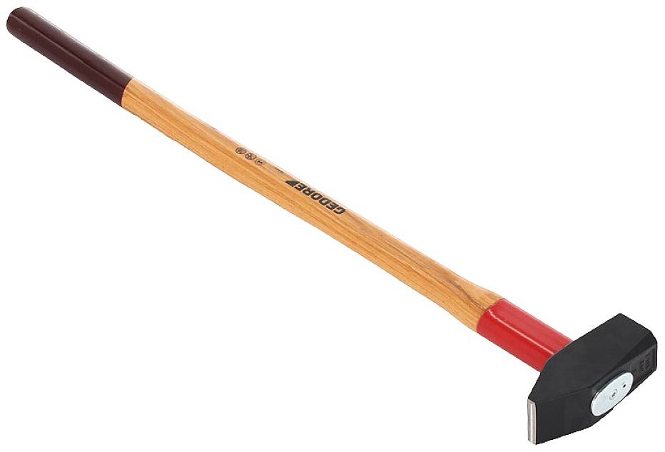 A hammer with a long, wooden handle and a black, rectangular head, suitable for heavy-duty work.