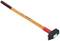 A hammer with a long, wooden handle and a black, rectangular head, suitable for heavy-duty work.