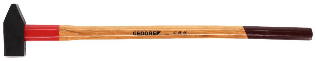 Hammer with a long wooden handle and black head. Text 'GEDORE' and '2000' on the handle.<br><br>Translation to British English:<br>Hammer with a lengthy wooden handle and a black head. 'GEDORE' and '2000' text printed on the handle.