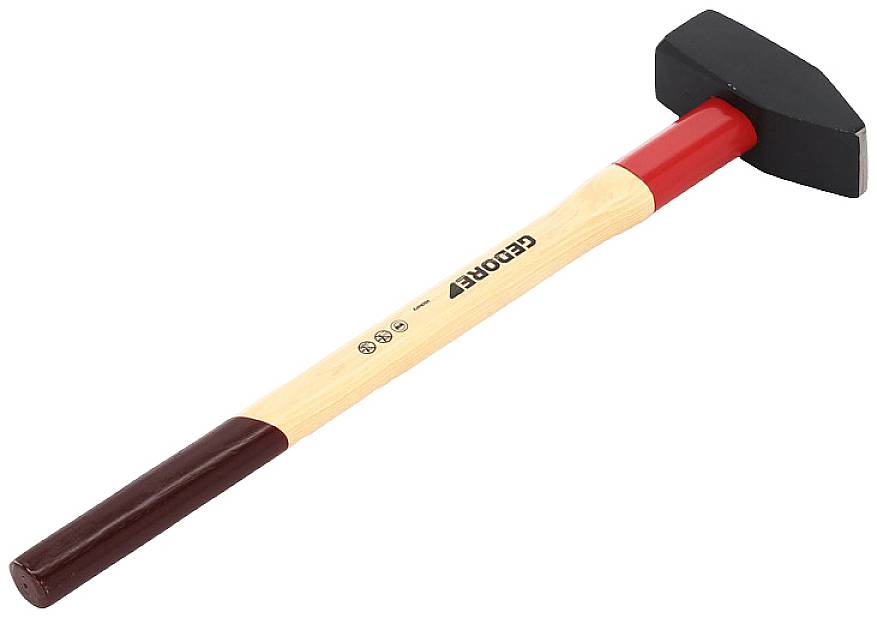 A black hammer with a red handle and a wooden shaft, perfect for craftwork.