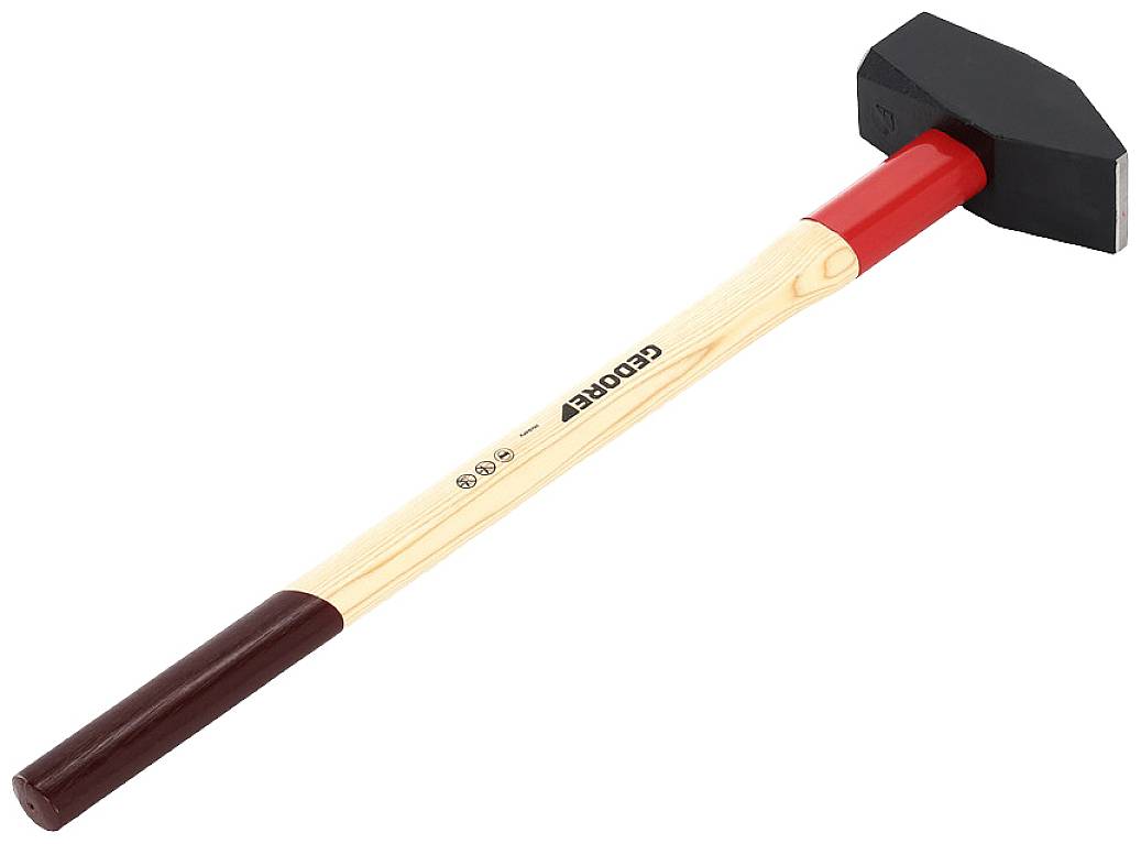 A sledgehammer with a long wooden handle and a black, heavy metal head. Ideal for heavy-duty work or construction.