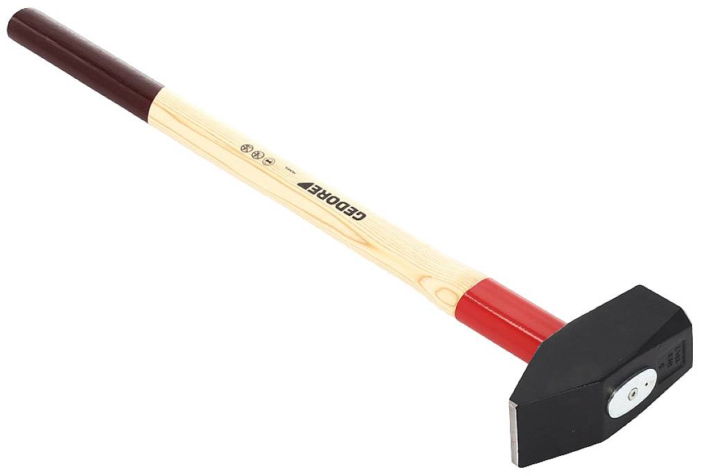 A sledgehammer with a red head and a wooden handle. Suitable for heavy-duty work in construction or gardening.