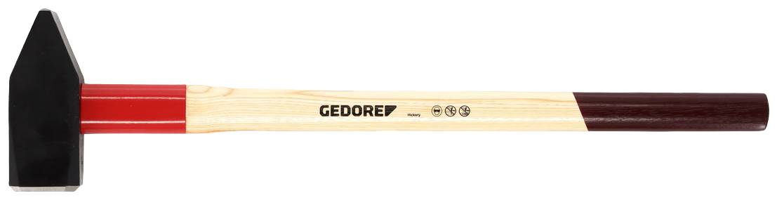 Hammer with a wooden handle, black head and red base. 'GEDORE' marking. Used for tasks such as driving in nails or knocking things into place.