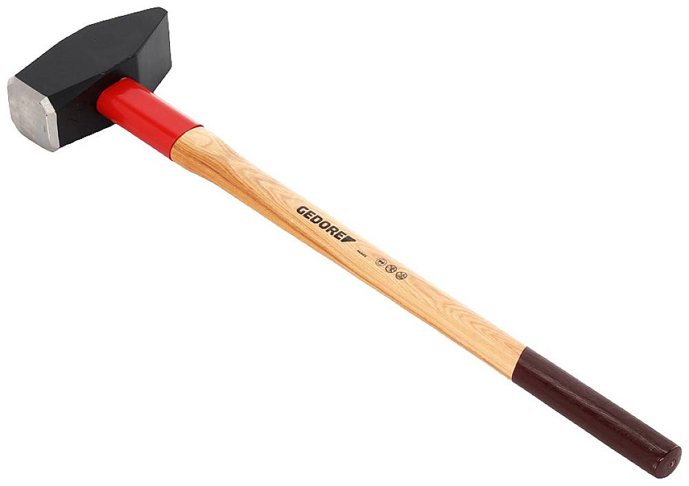 Illustrated is a sledgehammer with a wooden handle and red steel head, ideal for breaking stones or other robust materials.