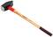 Illustrated is a sledgehammer with a wooden handle and red steel head, ideal for breaking stones or other robust materials.