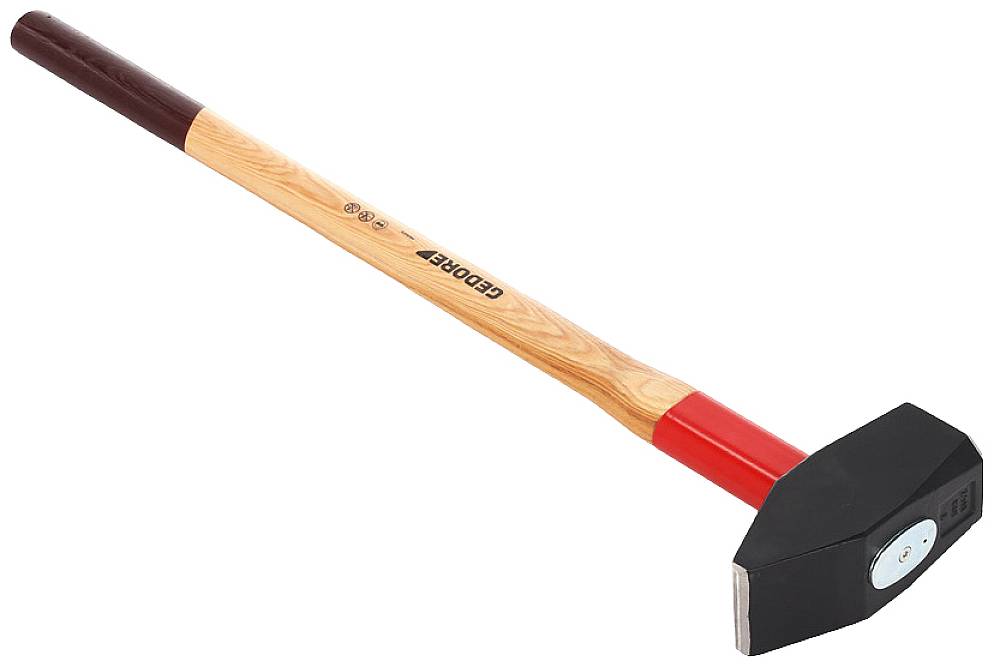 A sledgehammer with a long wooden handle and a black, rectangular head. The handle is partially painted red and black.