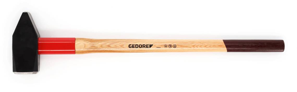 Hammer with a red and black head, wooden handle with 'GEDORE' print.