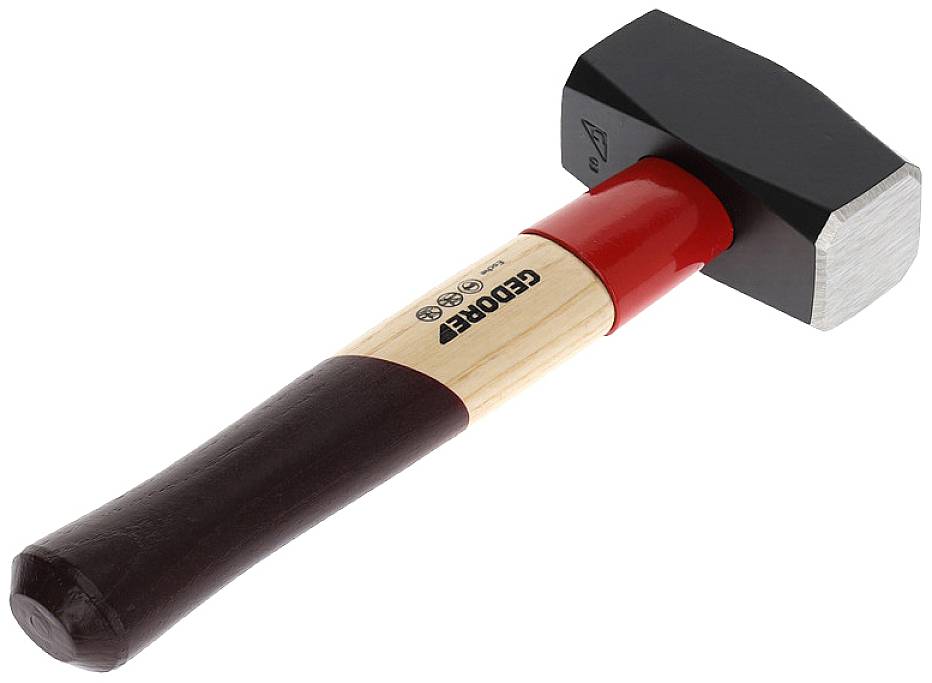 A hammer with a red and black metal head and a wooden handle. Suitable for DIY and craftwork.