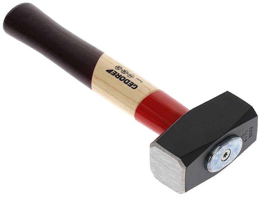 A hammer with a wooden handle and heavy steel head, suitable for heavy strikes and construction work, on a white background.