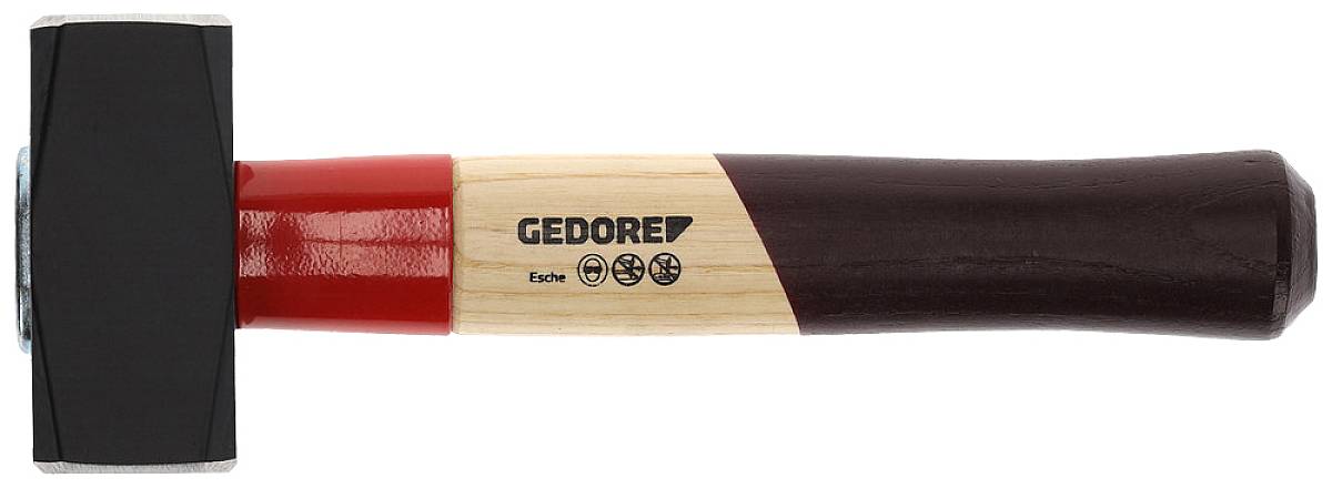 A hammer with a wooden handle and a black metal head. The handle is printed with 'GEDORE' and symbols.