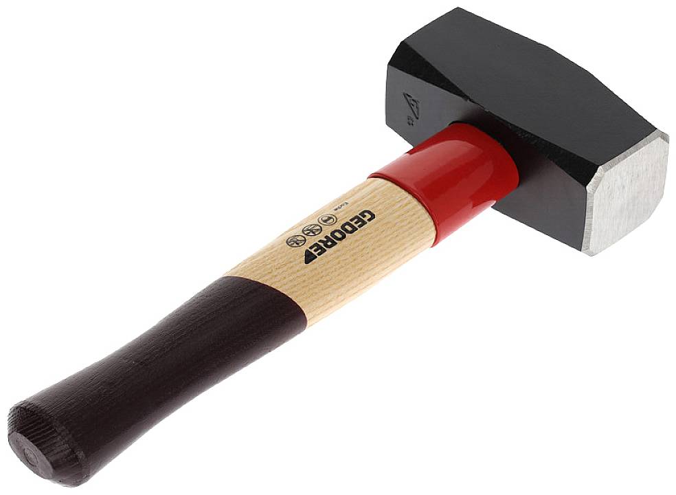 A black sledgehammer with a red neck and wooden handle.
