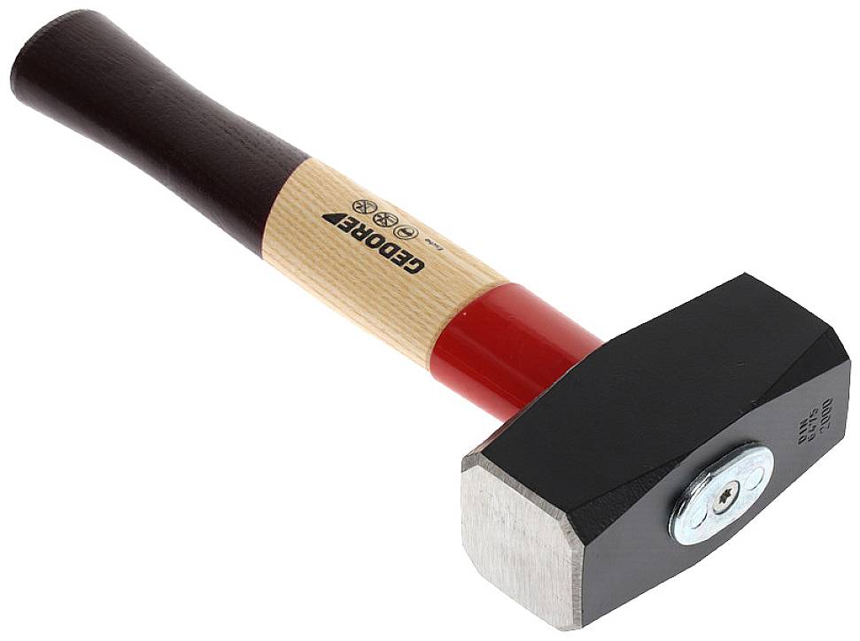 A sledgehammer with a wooden handle and a black, rectangular metal head is lying on a white surface.