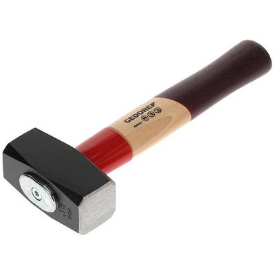 A carpenter's hammer with a red and wooden handle, black metal head and embossed brand logo, on a white background.