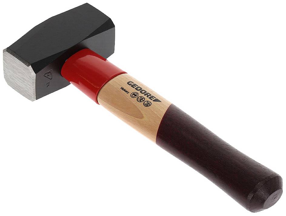 A sledgehammer with a red handle and a black head. The grip has a wood-effect finish and the 'GEDORE' logo is visible.
