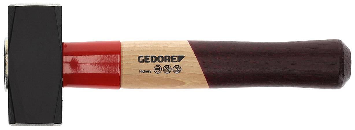 'Hammer with wooden handle and black head, "GEDORE" logo and safety symbols on the handle. Suitable for craftwork.'