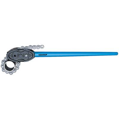 A blue chain pipe wrench with a black chain mechanism, suitable for loosening and tightening pipes.
