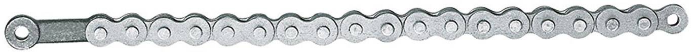 Silver bicycle chain in close-up, showing the links and connecting pins of the chain.