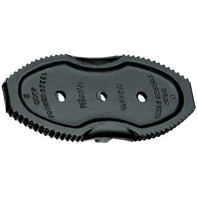 Oval metal handle with three holes, marked with 'DROP FORGED STEEL'. Used for tool components, robust and industrial.