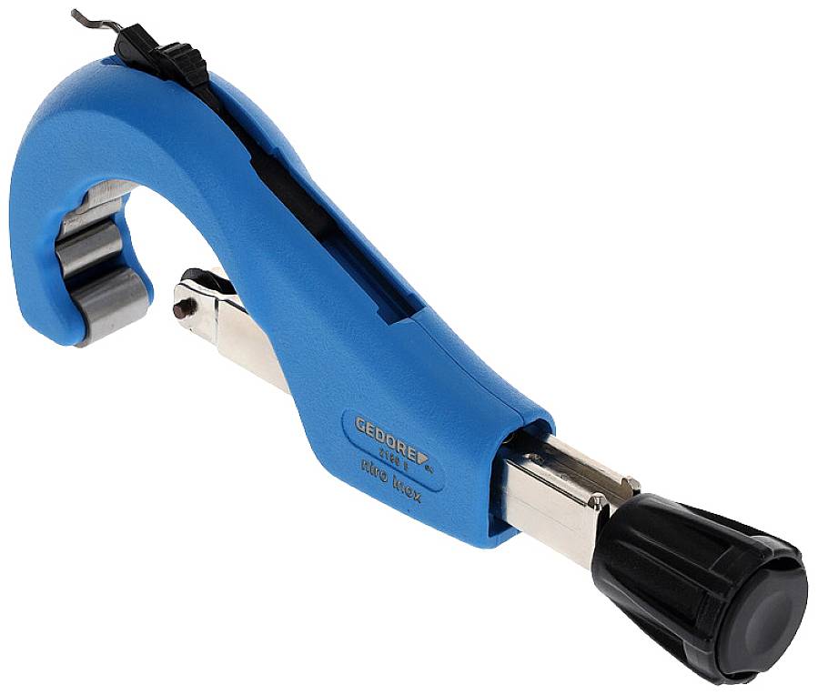 A blue pipe cutter with a black handle and blade, for cutting metal pipes, lies on a white background.