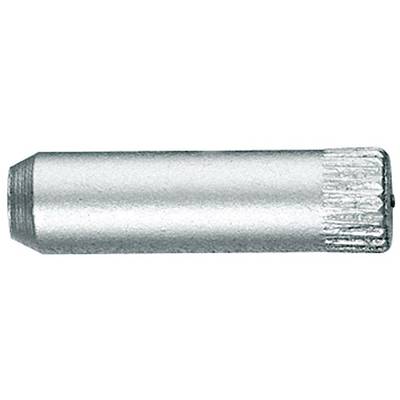 A silver metal pin with a flat head and a knurled end, likely a component for hardware or machine applications.