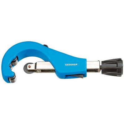 Blue pipe cutter with a black rotating handle at one end and a cutting wheel on the other side. Tool for pipe processing.
