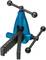 The image shows a blue pipe bender with two black handles and a metal block for shaping pipes.