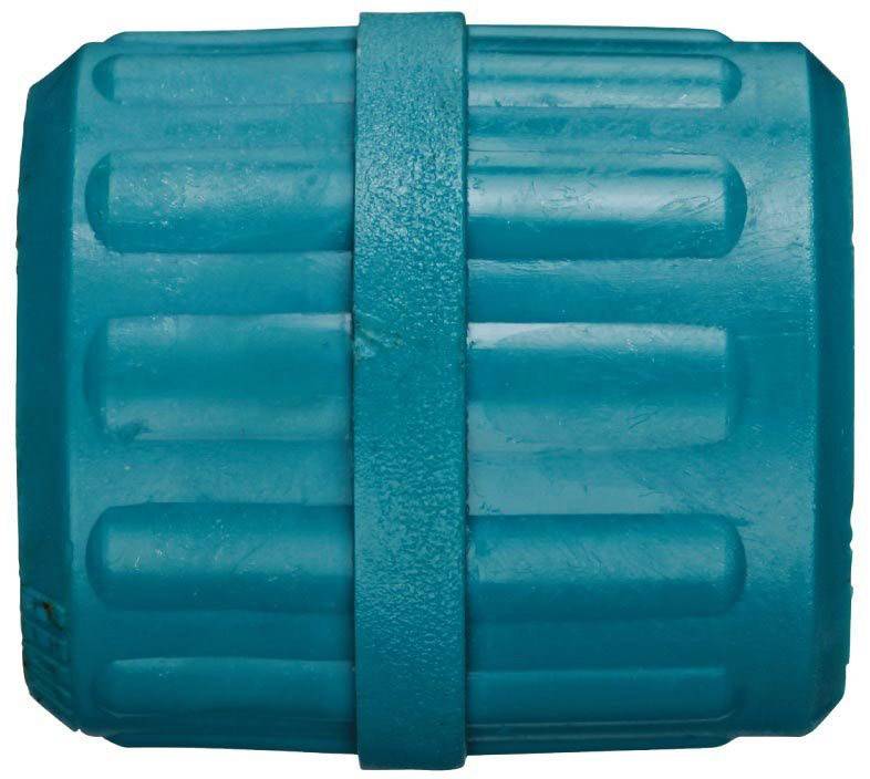 A blue, cylindrical dog chew toy with a textured surface and a central ring designed to promote canine dental health.