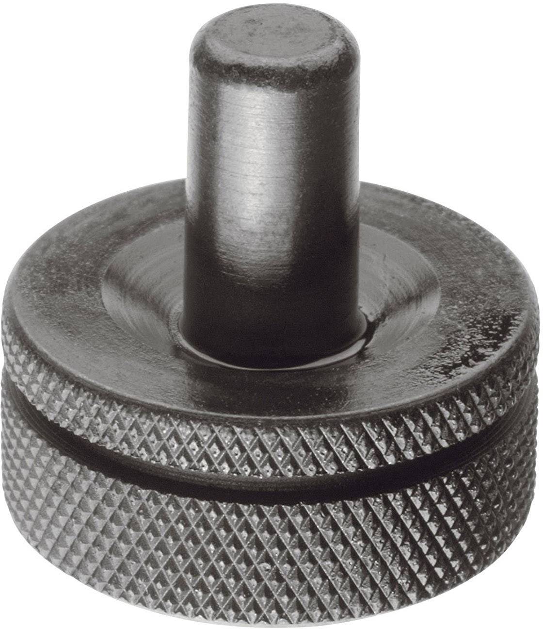 A round black metal piece with a non-slip grip pattern and a protruding cylindrical pin on top.