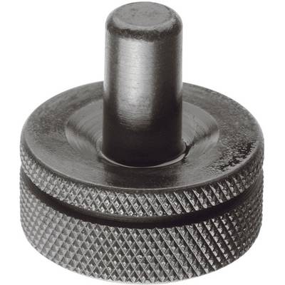 A metallic, cylindrical object with textured sides and a central protruding, rounded pin at the top.