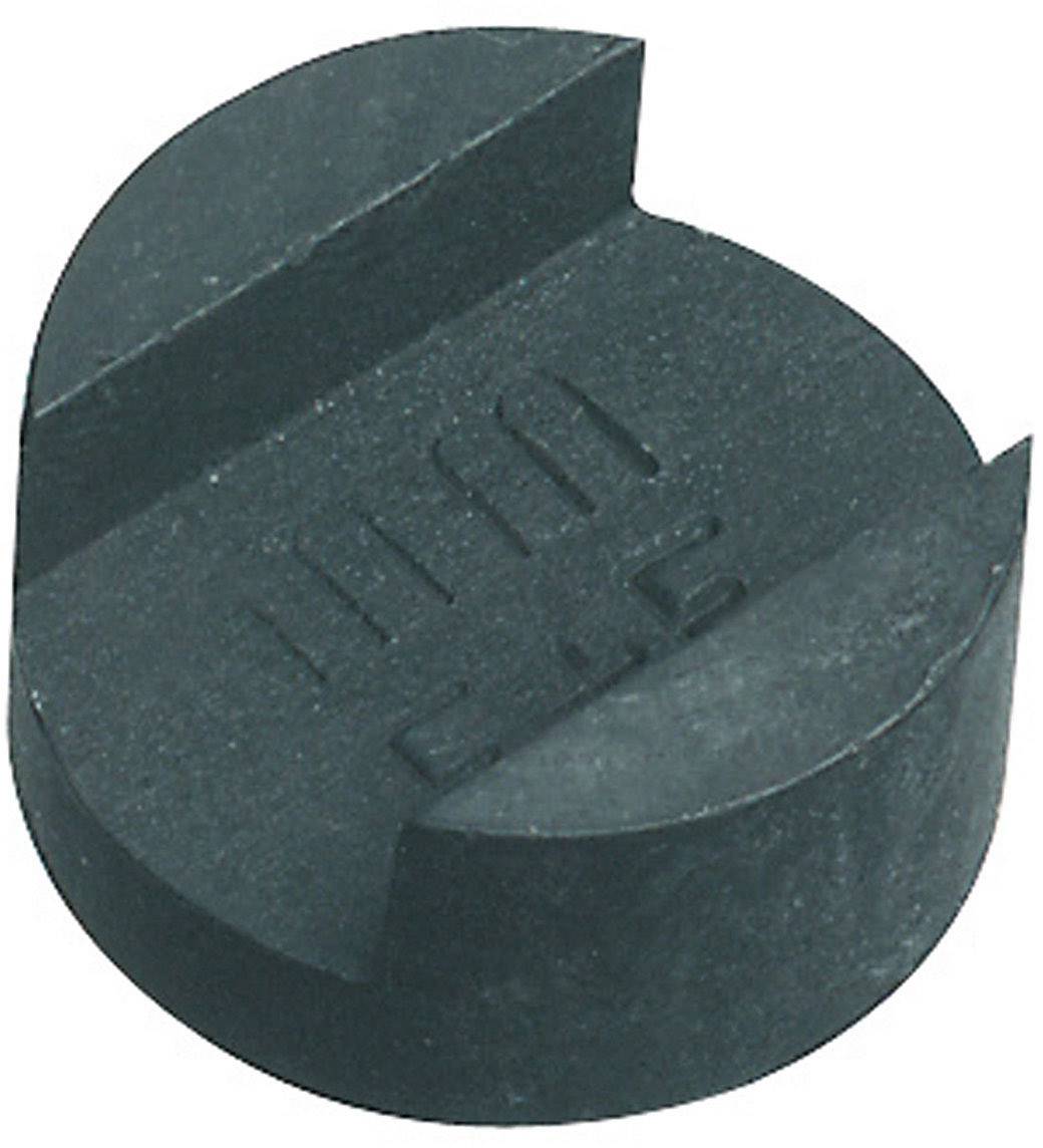 Round, black rubber buffer foot with two vertical notches and a ribbed surface for non-slip grip and vibration damping.