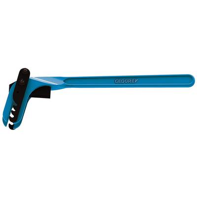 A blue pipe bender with a black handle, used for bending pipes at various angles.