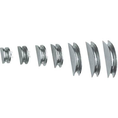 'A series of six differently sized curved metal parts, arranged from small to large, on a white background.'