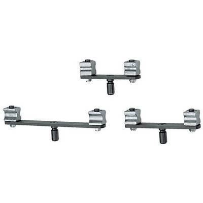 Metal fastening elements on a white background, consisting of three mounting brackets with screws for installation on various structures.