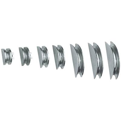 A row of seven grey, semi-circular metal parts arranged in ascending size from left to right on a white background.