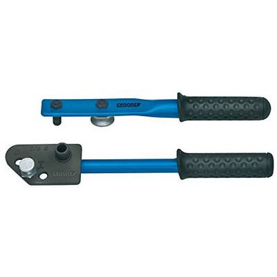 Two blue pipe benders with black handles, shown from top and bottom views, suitable for bending metal pipes at various angles.