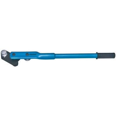 Blue metal pipe cutter with a black handle, used for cutting pipes.