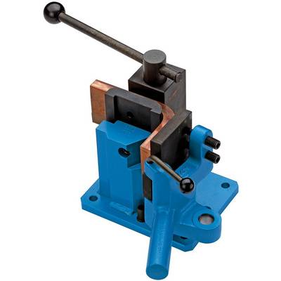 A blue edge bender with a black lever, mounted on a work surface. The bending reinforcer and a support are visible.