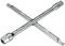 Metal cross spanner used for loosening and tightening wheel nuts. Contains four different sizes at the ends.