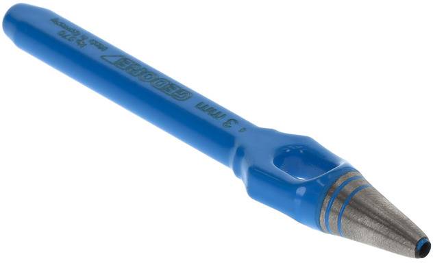 A blue bell-shaped leather punch with a silver tip, used for perforating leather or textiles.